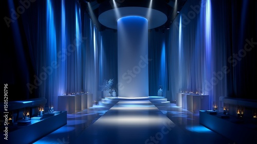 Stage design blue lighting event venue modern interior architecture spotlight ceremony show presentation 100