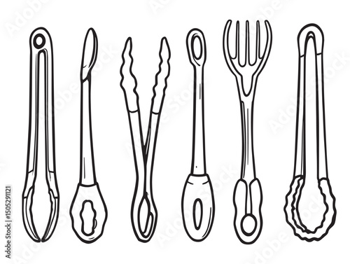 Kitchen tools tongs line art vector drawing illustration