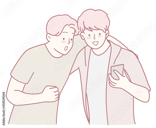 Two cheerful friends happily observe something interesting on a smartphone, showcasing their joy together