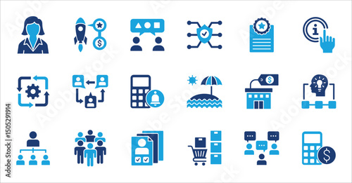 Business company and Management icon set. Contains symbol of teamwork, target, market, global, success, customer service, leadership, holiday, asset, meeting, entrepreneur. Vector illustration