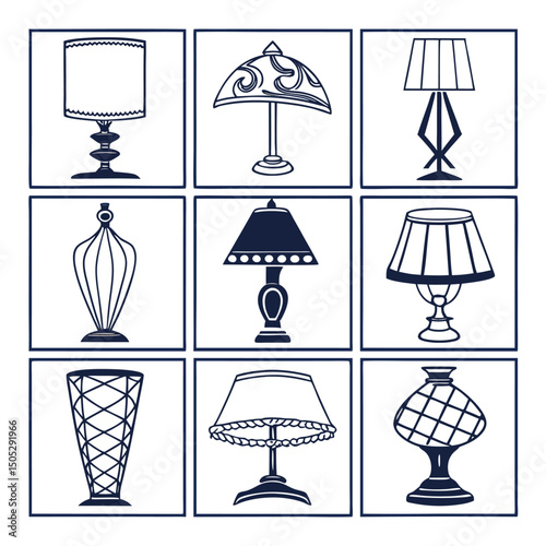 Nine stylish table lamp designs illustration