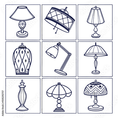 Nine different types of lamps line art illustrations