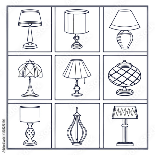 Nine different styles of table lamps line art