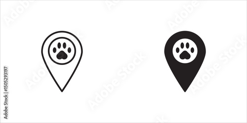 Map pointer paw print icon set. Dog paw print icon on location pin . Pet locator icon vector