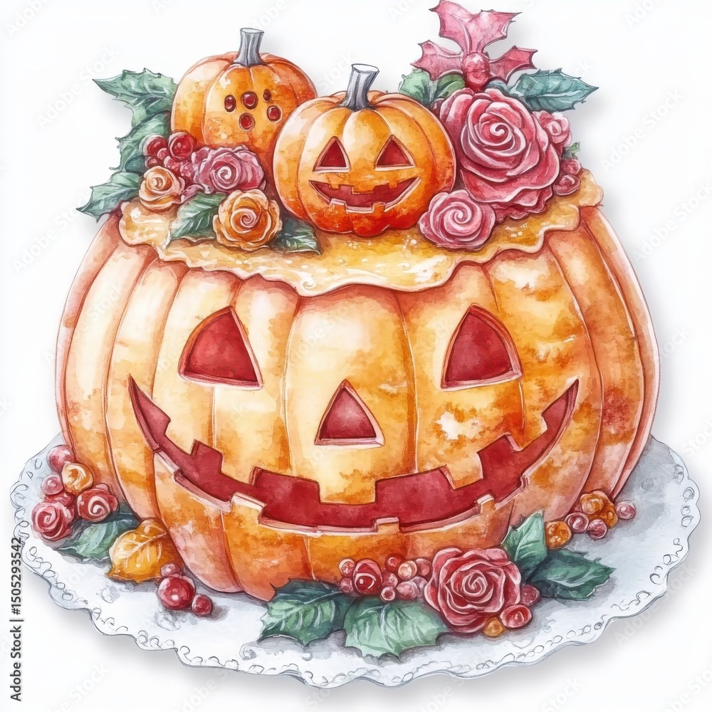 Fototapeta premium Watercolor Halloween cake. Hand drawn cartoon cake with sweets. Illustration isolated on white background.