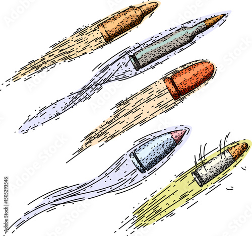 bullet flying set sketch hand drawn vector