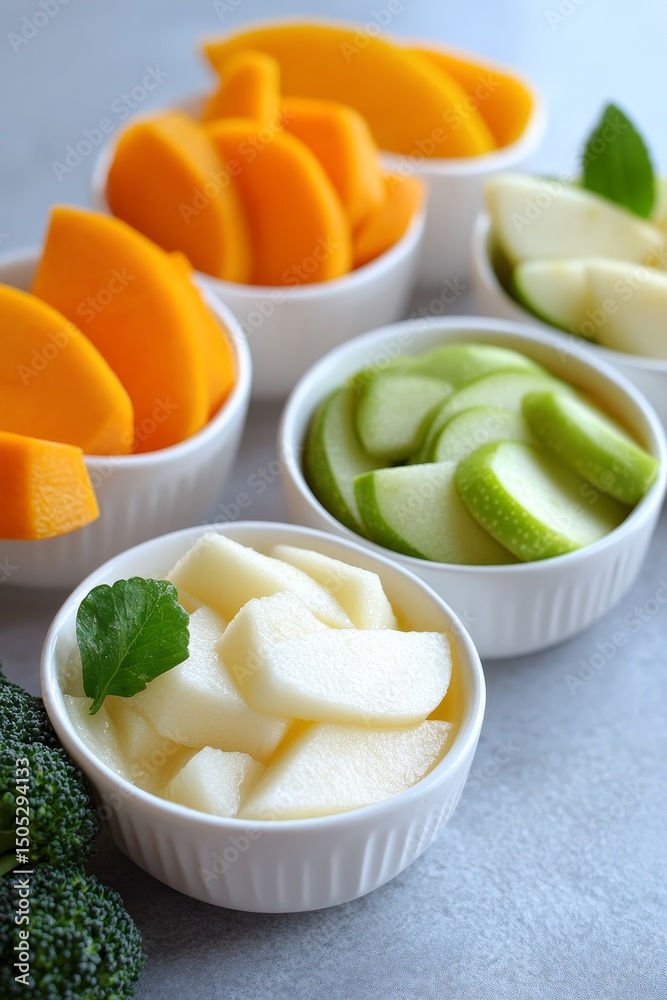 Bowls of Sliced Green Apple, Persimmons, and Asian Pear, Healthy Baby Food Ingredients Bowls of Sliced Green Apple, Persimmons, and Asian Pear, Healthy Baby Food Ingredients