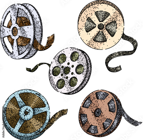 film projector reel set sketch hand drawn vector