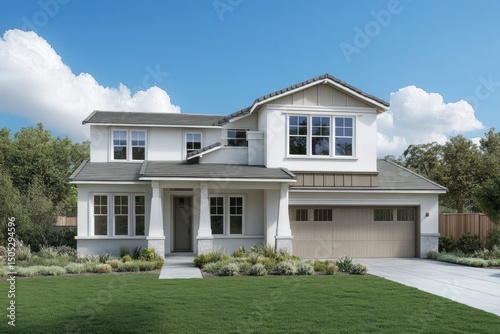 Modern two-story house with clean facade, garage, porch and well-kept lawn under blue sky. Ideal country life, real estate and home ownership concept. Sleeping area. Plenty of space for your text