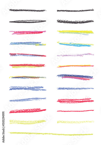 Hand drawn black and colored brush strokes, white background. Different types of strokes. Can be used and edit easily. EPS 10