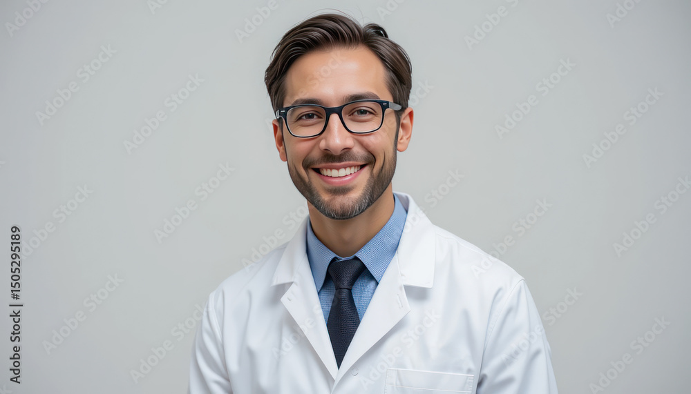 Smiling male doctor in a white lab coat with glasses, representing healthcare professionalism, standing against a neutral backdrop Smiling male doctor in a white lab coat with glasses, representing healthcare professionalism, standing against a neutral backdrop