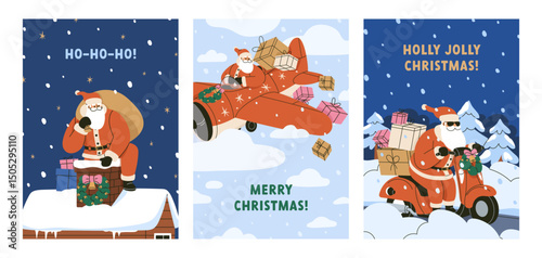 Merry Christmas cards set. Funny Santa Claus character riding motorcycle, plane, delivering gifts. Winter holiday postcards, festive posters. Flat vector illustration isolated on white background