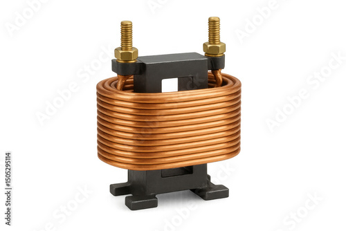 Copper coil inductor with transparent background, generating a magnetic field for electronic circuits and industrial use