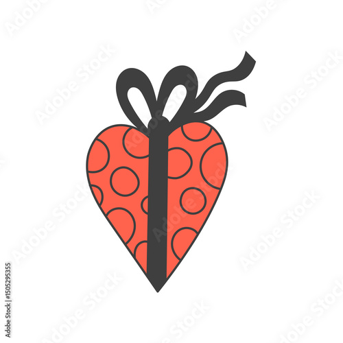 Heart Shaped gift doodle illustration. Red polka dot Love symbol with tied bow. Valentine’s Day and appreciation card. Vector illustration Doodle