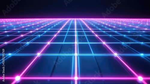 Glowing grid pattern, vibrant pink & blue neon lines, dark background, perspective view