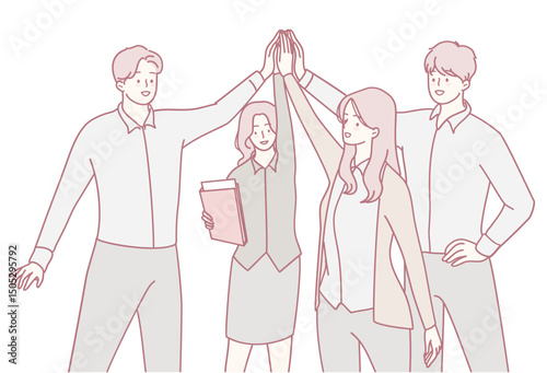An illustration shows four diverse professionals celebrating the essence of teamwork and collaboration