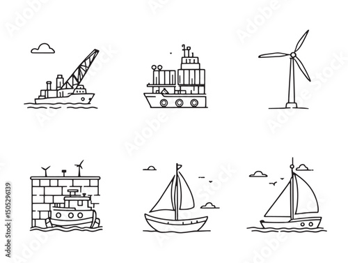 Minimalist seaport line art showing boats piers and water