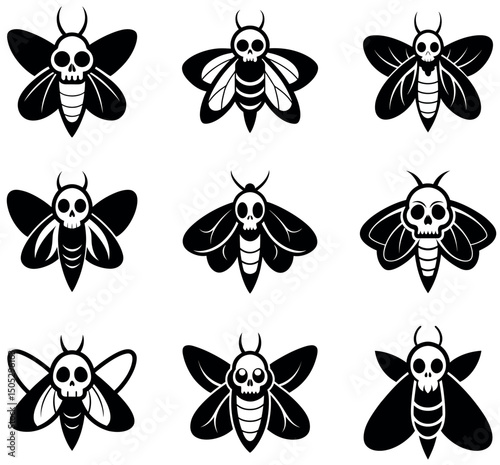Skull Moth Silhouette Icons – Gothic Insect Vector Bundle