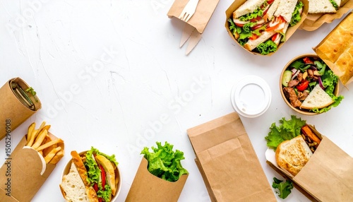 Recycling concept. Delivery food background. Fast food eco packaging on white wall ba