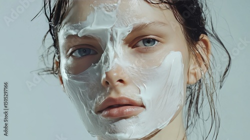 Woman with thick white face mask skincare treatment