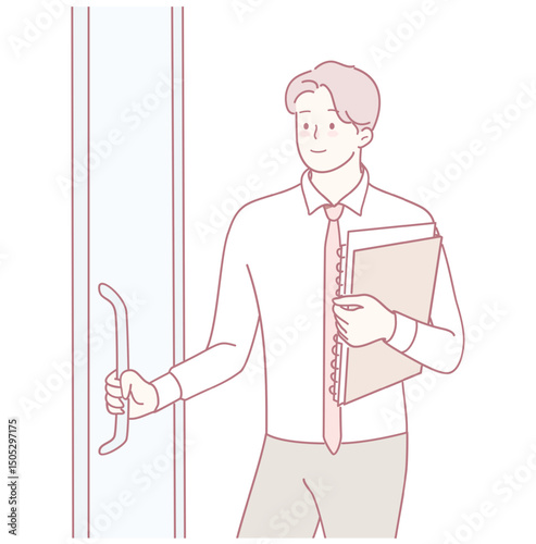 A confident man, dressed in formal business attire, is holding a folder while entering an office space