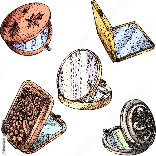 pocket mirror set sketch hand drawn vector