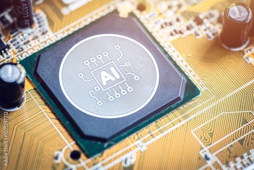 A computer chip with the word AI on it. The chip is green and black. The chip is on a yellow board