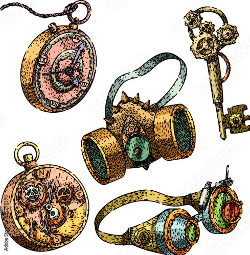 steampunk device set sketch hand drawn vector
