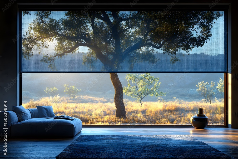 Fototapeta premium Serene Sunrise View from Modern Living Room with Oak Tree and Scenic Landscape