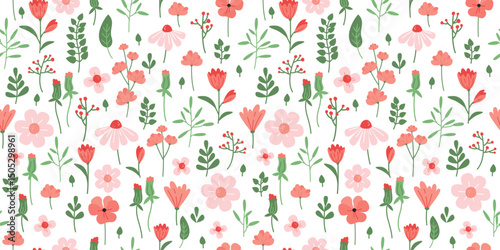 Hand drawn Wild Flowers Seamless Floral design. Repeated pattern for prints, background, surface textures, textile, fabrics. Vector illustration