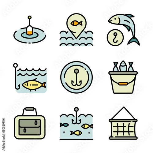 Various fishing related icons set. Fishing Vector Color Icons. Catch seafood symbols. Vector Illustration. Isolated on White Background.
