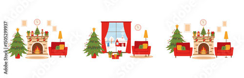 Christmas interior set. Living room with window, fireplace, christmas tree and armchair. Christmas festive atmosphere.
