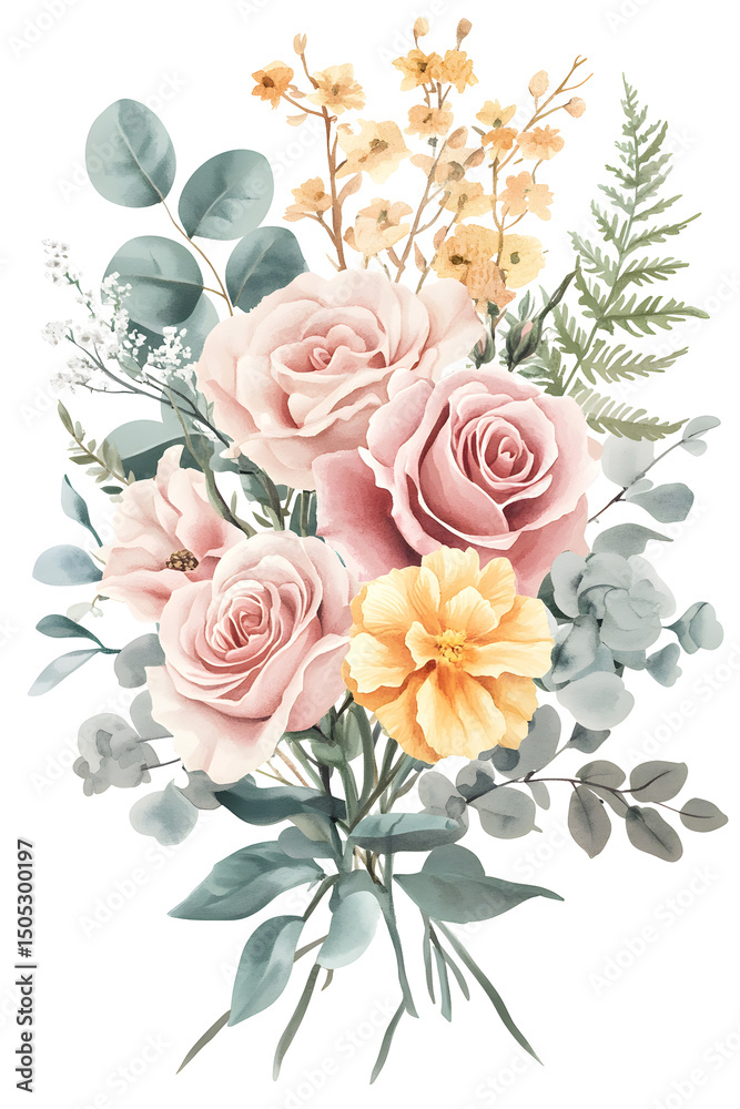 Fototapeta premium Watercolor floral bouquet with peach roses yellow orchid and green eucalyptus leaves isolated on transparent background