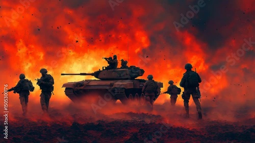 Many soldier army moving with arms, War Zone, Tank