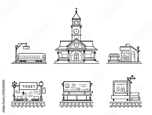 minimalist train station line art with detailed structural elements