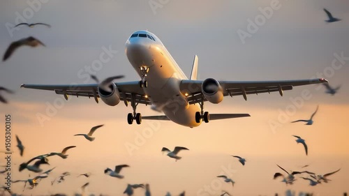 Passenger airplane takes off at sunset surrounded by birds, risk of bird strike near airport – aviation safety and hazard concept