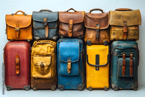 Stacked vintage leather suitcases and satchels in warm tones aga