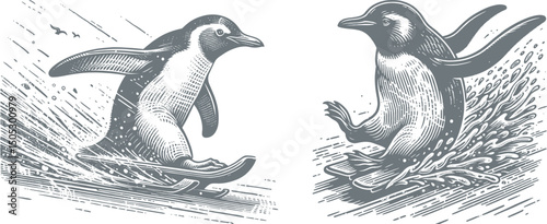 Penguin Sliding on Ice Woodcut & Engraving Design Set – Vintage Handcrafted Winter Wildlife Illustration Collection for Digital Downloads,  Crafts, Print Projects & Decorative Art