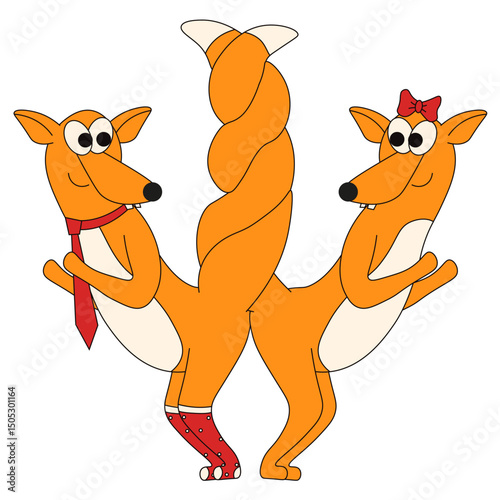 Couple of red fox. Vector illustration of funny animal in love. Cute cats isolated transparent background. EPS 10