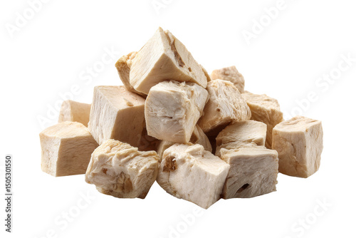 Pile of freeze dried chicken breast cube,for pets food isolated on transparent background.
