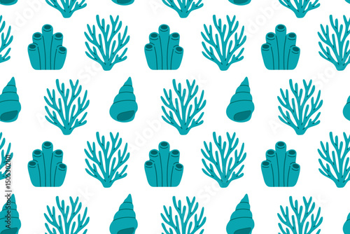 Seamless ocean pattern with teal tube corals, seaweed, and reef branches in a clean minimal layout on white