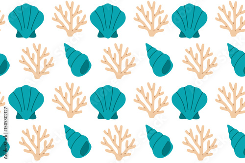 Seamless pattern featuring teal scallop shells, coral, and underwater plants in a clean marine color palette