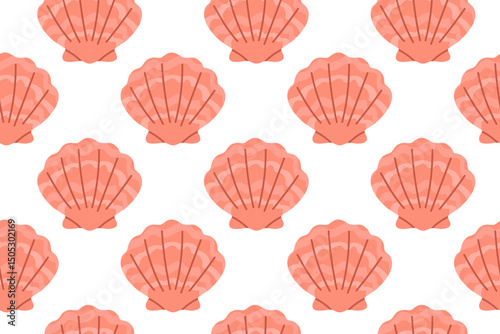 Seamless pattern with large pink scallop shells on a white background, great for beach, summer, and feminine-themed designs