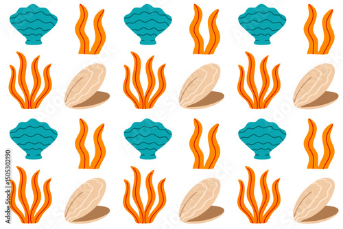 Underwater seamless pattern with clams, orange coral, and blue sea plants on a white background for ocean-themed prints