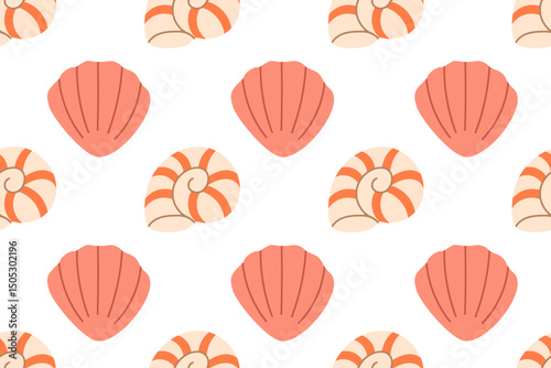 Seamless pattern with pink scallop shells and spiral nautilus shells on a white background, perfect for feminine beach designs