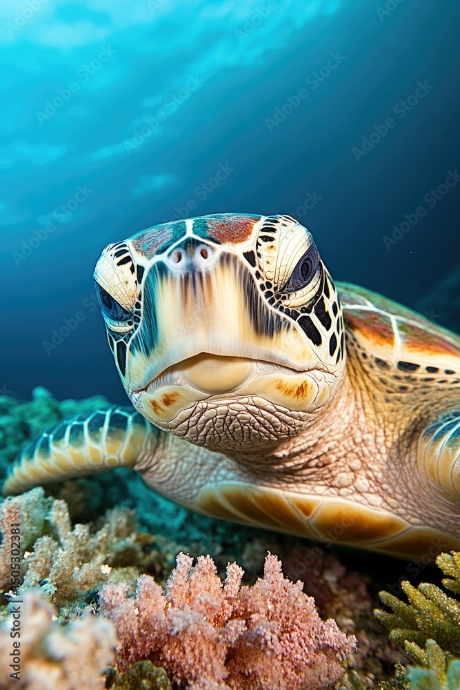 Fototapeta premium Vertical Underwater View of a Green Sea Turtle Swimming Near a Coral Reef in Clear Blue Ocean