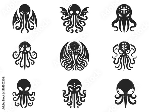 Foto Monochrome Minimalist Cthulhu Symbol – Abstract Black and White Line Art Icon