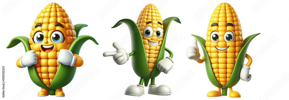 Naklejka premium Happy 3D Corn Cobs with Expressive Faces and Poses, Isolated on Transparent Background