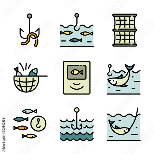 Various fishing related icons set. Fishing Vector Color Icons. Catch seafood symbols. Vector Illustration. Isolated on White Background.