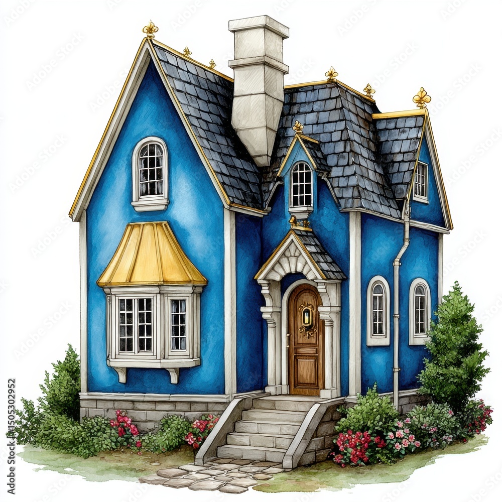 Obraz premium Charming Two Story House with Blue Facade Dark Gray Shingle Roof and Manicured Garden